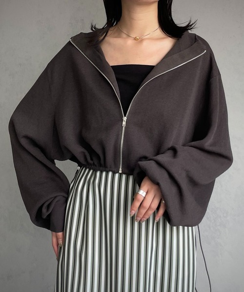 &g'aime（アンジェム）の「【&g’aime】ショートニットブルゾン（ブルゾン・レディース・アイボリー/チャコール/パープル・FREE）」の3枚目の写真