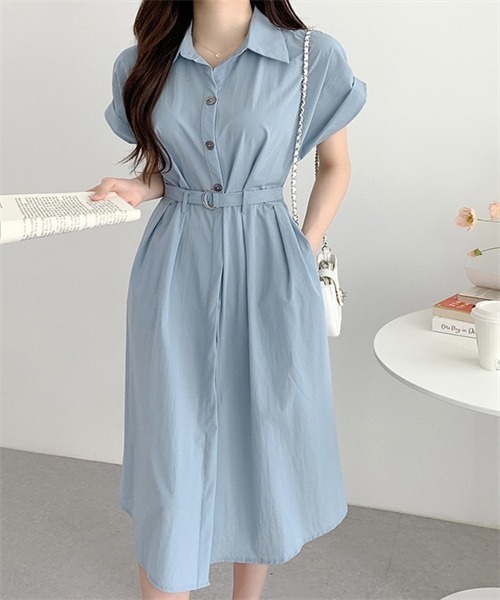 FREE STYLISTS（フリー スタイリスト）の「ベルト付けシャツワンピース（シャツワンピース・レディース・カーキ/ブルー/ダークネイビー/コーラルピンク・FREE）」の2枚目の写真