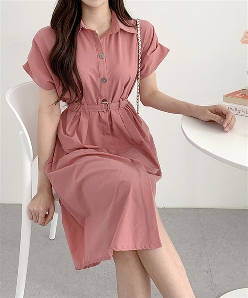 FREE STYLISTS（フリー スタイリスト）の「ベルト付けシャツワンピース（シャツワンピース・レディース・カーキ/ブルー/ダークネイビー/コーラルピンク・FREE）」の4枚目の写真