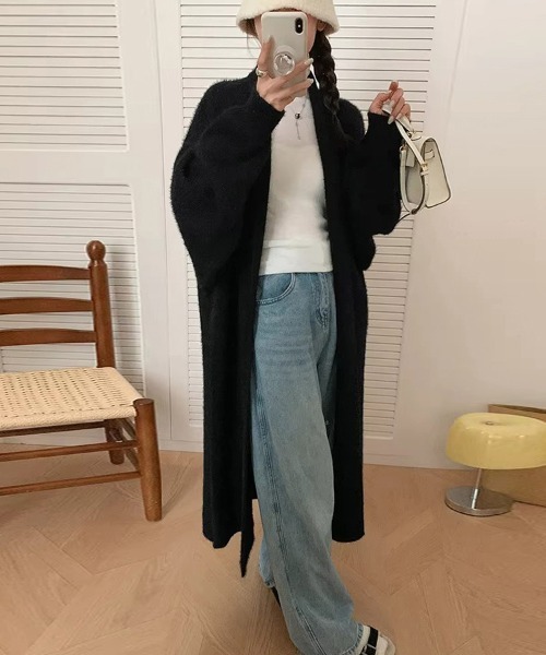 シャギーニットロングコート（ノーカラーコート）｜Doux Belle