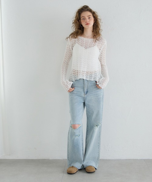 coca（coca）（コカ）の「クロシェフレアスリーブニット（ニット/セーター・レディース・ホワイト/ブラック・ONE SIZE）」の3枚目の写真