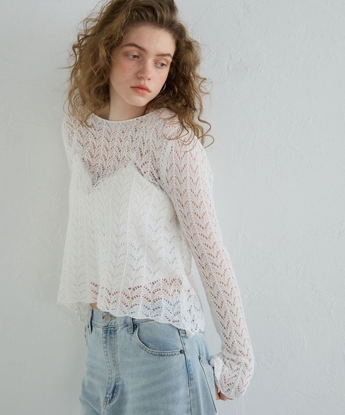 coca（coca）（コカ）の「クロシェフレアスリーブニット（ニット/セーター・レディース・ホワイト/ブラック・ONE SIZE）」の4枚目の写真