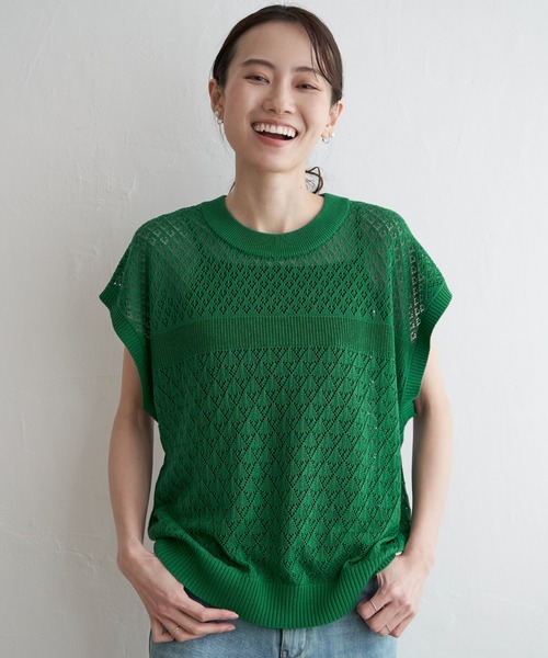 ikka(イッカ)の「透かし編みニットプルオーバー(ニット/セーター・レディース・ブラック/その他1/グリーン/ベージュ・L/M/S)」の3枚目の写真