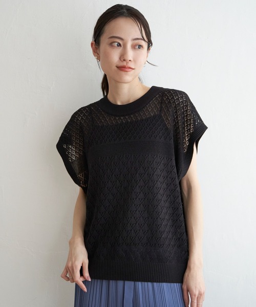 ikka(イッカ)の「透かし編みニットプルオーバー(ニット/セーター・レディース・ブラック/その他1/グリーン/ベージュ・L/M/S)」の2枚目の写真