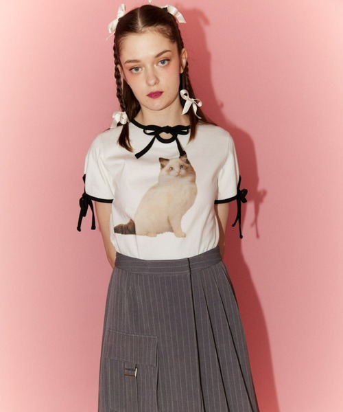 Candy Stripper(キャンディストリッパー)の「MEOW RIBBON トップス(Tシャツ/カットソー・レディース・オフホワイト/ライトグレー/ブラック・2)」の5枚目の写真