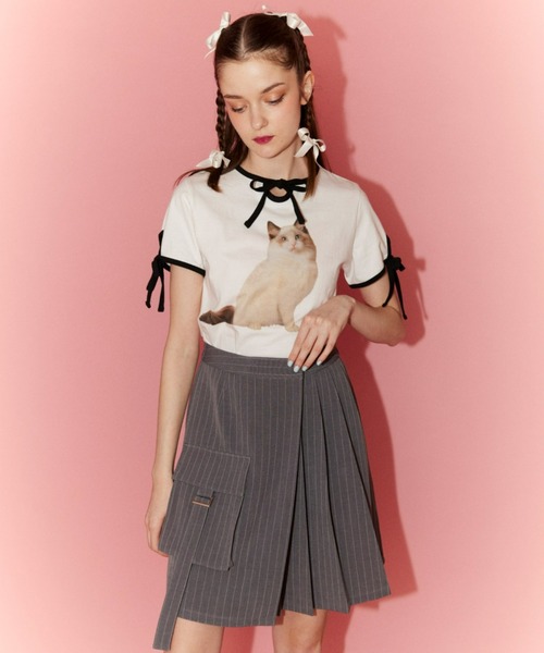 Candy Stripper(キャンディストリッパー)の「MEOW RIBBON トップス(Tシャツ/カットソー・レディース・オフホワイト/ライトグレー/ブラック・2)」の6枚目の写真