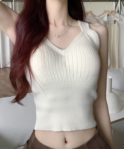 Lace Ladies（レースレディース）の「リブ ニット Vネック カップ付き キャミソール（キャミソール・レディース・ブルーグレー/アイボリー/ブラック/ベージュ・FREE）」の19枚目の写真
