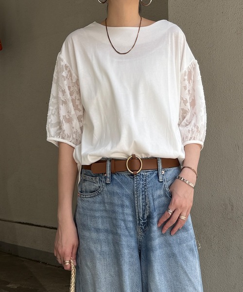 LBC(エルビーシー)の「袖シアージャカードプルオーバー(Tシャツ/カットソー・レディース・ライム/ホワイト/ブラック・L/M)」の2枚目の写真