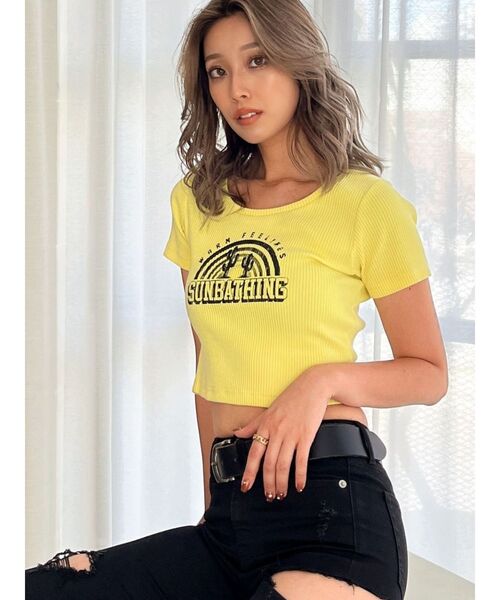 GYDA(ジェイダ)の「SUNBATHINGブリーチSHORT Tシャツ(Tシャツ/カットソー・レディース・イエロー/オフホワイト/ブラック・FREE)」の3枚目の写真