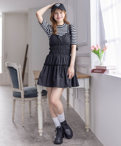 clear（クリア）の「ティアードキャミミニワンピース［ショート丈 大人 カジュアル］≪再入荷≫（ワンピース・レディース・ベージュ/ブラック・F）」の10枚目の写真