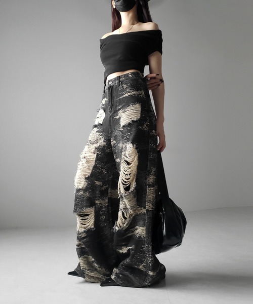 【 ２color ／ ４size 】クラッシュダメージバイカラースラブワイドデニム ／ crash damaged bicolor slab wide denim（デニムパンツ）｜me+em select（ミームセレクト）