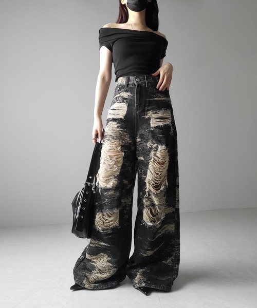 【 ２color ／ ４size 】クラッシュダメージバイカラースラブワイドデニム ／ crash damaged bicolor slab wide denim（デニムパンツ）｜me+em select（ミームセレクト）