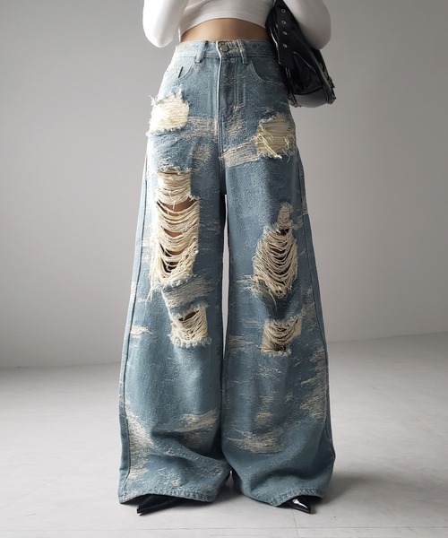 ワイドデニムパンツ M~XL クラッシュ マルチポケット ◇マルチポケット ワイドデニム カーゴパンツ◇gt-200-402032