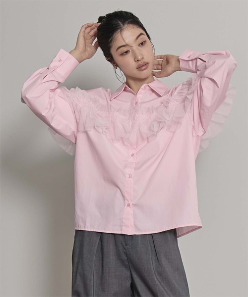 miette（ミエット）の「チュールフリルシャツ（シャツ/ブラウス・レディース・ブラック/ブルー/オフホワイト/ピンク/ブラウン・FREE）」の5枚目の写真