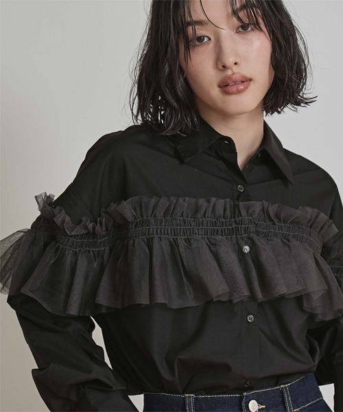 miette（ミエット）の「チュールフリルシャツ（シャツ/ブラウス・レディース・ブラック/ブルー/オフホワイト/ピンク/ブラウン・FREE）」の6枚目の写真
