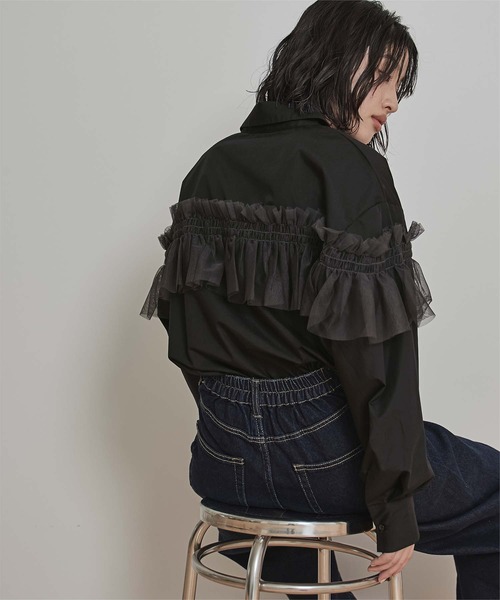 miette（ミエット）の「チュールフリルシャツ（シャツ/ブラウス・レディース・ブラック/ブルー/オフホワイト/ピンク/ブラウン・FREE）」の7枚目の写真