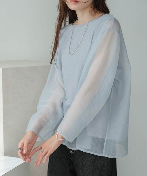Bab(バブ)の「シアーレイヤードカットソートップス(Tシャツ/カットソー・レディース・ブラウン/ベージュ/ブルー/グレイッシュベージュ・FREE)」の4枚目の写真