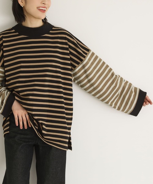 n'OrLABEL(ノアールレーベル)の「ボトルネックボーダー配色プルオーバー(Tシャツ/カットソー・レディース・ブラック/ブルー/ベージュ・FREE)」の1枚目の写真