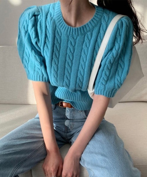 Miniministore(ミニミニストア)の「ケーブル編みニットトップス パフスリーブ(ニット/セーター・レディース・アイボリー/ブルー/ピンク・FREE)」の2枚目の写真