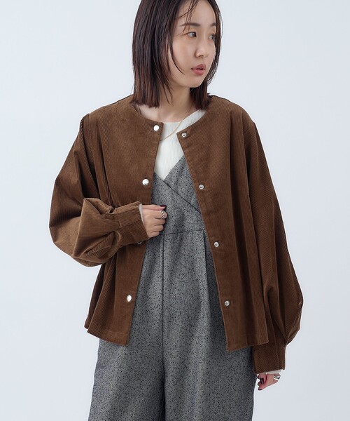 セール】コーデュロイノーカラーショートジャケット（ノーカラー