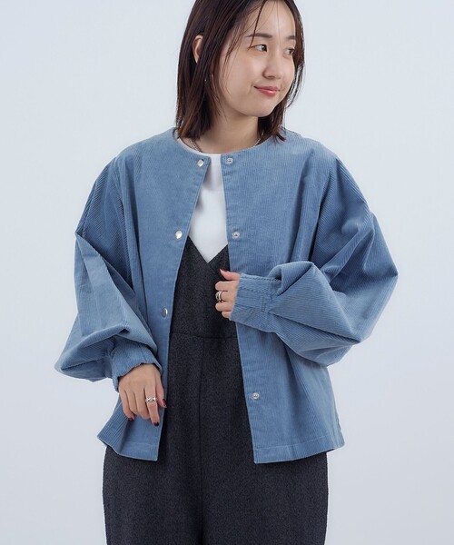 セール】コーデュロイノーカラーショートジャケット（ノーカラー