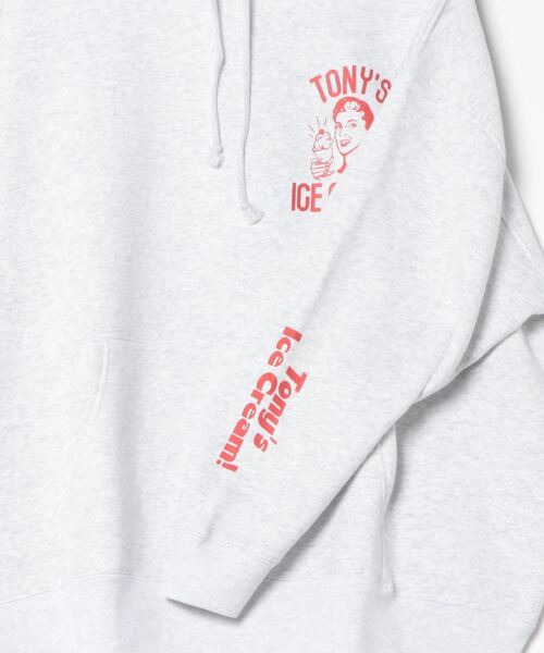 TonyTaizsun（トニータイズサン）の「【TonyTaizsun/トニータイズサン】Tony’s Ice Cream Hoodie　袖プリント　バックプリント　プルオーバーパーカー（パーカー・メンズ・グレー・LARGE/X-LARGE/MEDIUM）」の3枚目の写真
