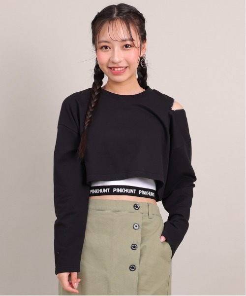 PINKHUNT（ピンクハント）の「PINKHUNT ピンクハント ロゴタンクトップ付き ショート丈トレーナー 0182K（スウェット・キッズ・アッシュグレー/ブラック・120cm/130cm/140cm/150cm/160cm）」の2枚目の写真