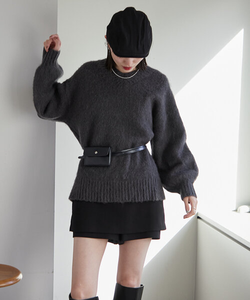 mystic(ミスティック)の「モヘアライクベルトポーチ付きニット(ニット/セーター・レディース・チャコールグレー/アイボリー/イエロー・FREE)」の16枚目の写真