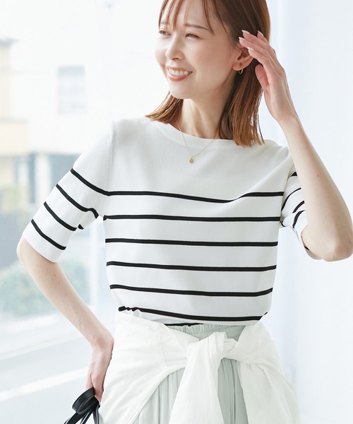 ROPE' PICNIC（ロペピクニック）の「【UVカット・接触冷感・イージーケア】八方映えニット ハーフスリーブサマーニット/新色追加（ニット/セーター・レディース・カーキ/ホワイト系その他6/ホワイト系その他5/オフホワイト/ブラック系その他2/ピンク系その他2/グリーン系その他/ベージュ/ブラウン/サックスブルー/レッド/ブラック・38）」の3枚目の写真