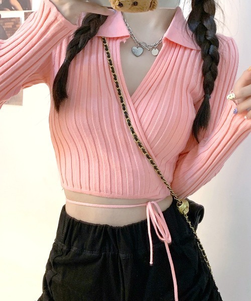 REMUR(レミュール)の「カシュクールニット ショート丈(ニット/セーター・レディース・ブラック/ベージュ/ホワイト/ピンク・FREE)」の2枚目の写真