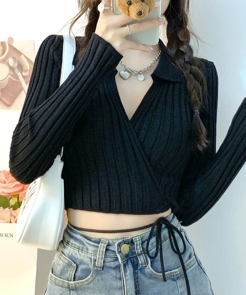 REMUR(レミュール)の「カシュクールニット ショート丈(ニット/セーター・レディース・ブラック/ベージュ/ホワイト/ピンク・FREE)」の3枚目の写真