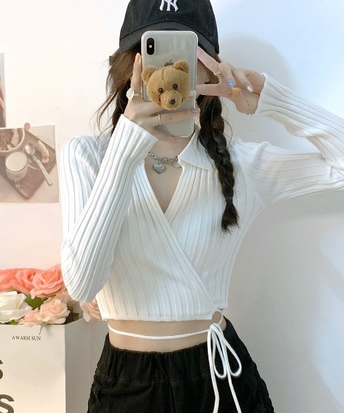 REMUR(レミュール)の「カシュクールニット ショート丈(ニット/セーター・レディース・ブラック/ベージュ/ホワイト/ピンク・FREE)」の6枚目の写真