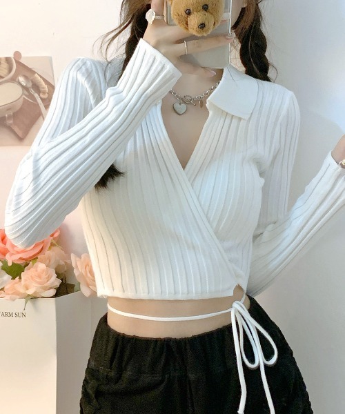 REMUR(レミュール)の「カシュクールニット ショート丈(ニット/セーター・レディース・ブラック/ベージュ/ホワイト/ピンク・FREE)」の7枚目の写真