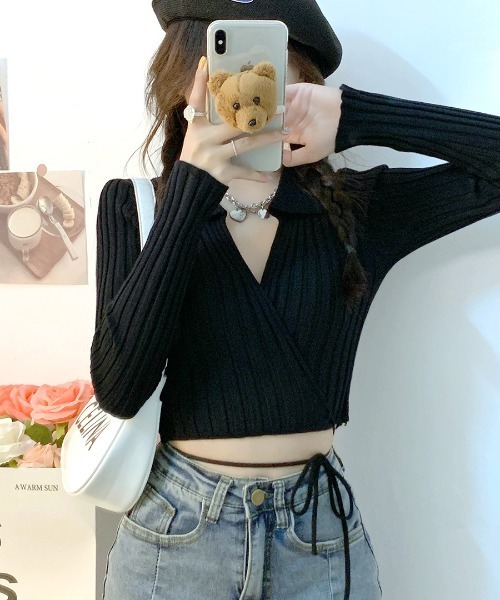 REMUR(レミュール)の「カシュクールニット ショート丈(ニット/セーター・レディース・ブラック/ベージュ/ホワイト/ピンク・FREE)」の11枚目の写真