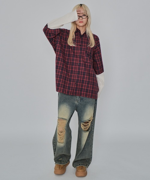 WEGO(ウィゴー)の「WEGO/チェックレイヤードロングスリーブシャツ(シャツ/ブラウス・メンズ・ブラック系その他2/レッド系その他2・MEDIUM/LARGE)」の7枚目の写真