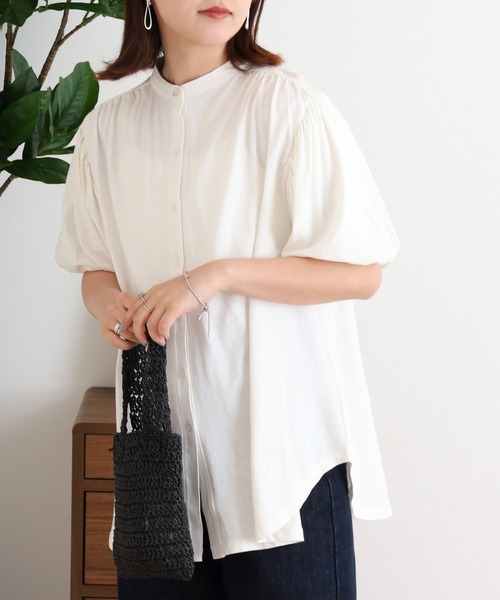 atONE(アットワン)の「ブラウス風パフスリーブカットソー(Tシャツ/カットソー・レディース・グレイッシュベージュ/オフホワイト/ミント/チャコールグレー/ブラック・M-L/4L~5L/LL~3L)」の8枚目の写真