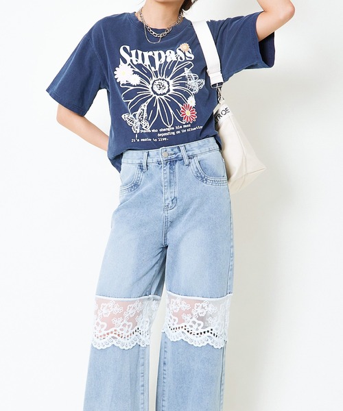 セール】花柄レース付きワイドデニムパンツ（デニムパンツ