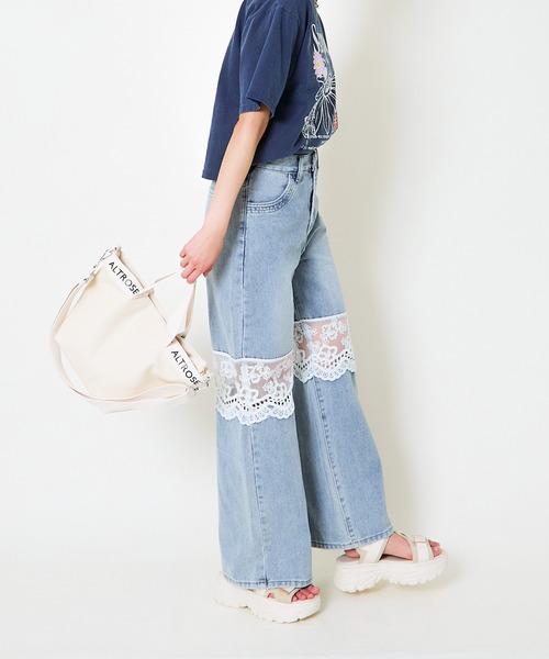 セール】花柄レース付きワイドデニムパンツ（デニムパンツ