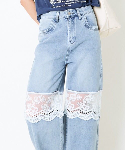 レース付きワイドレッグデニムパンツ レース付きワイドレッグデニムパンツ