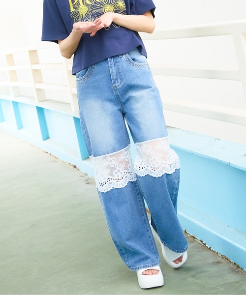 【新発売】今週の市販 セール】花柄レース付きワイドデニムパンツ（デニムパンツ パンツ