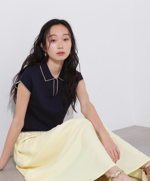 N.（N. Natural Beauty Basic）（エヌエヌナチュラルビューティーベーシック）の「ラメラインスキッパーポロニット（ポロシャツ・レディース・オフホワイト/グリーン/ネイビー・MEDIUM）」の3枚目の写真