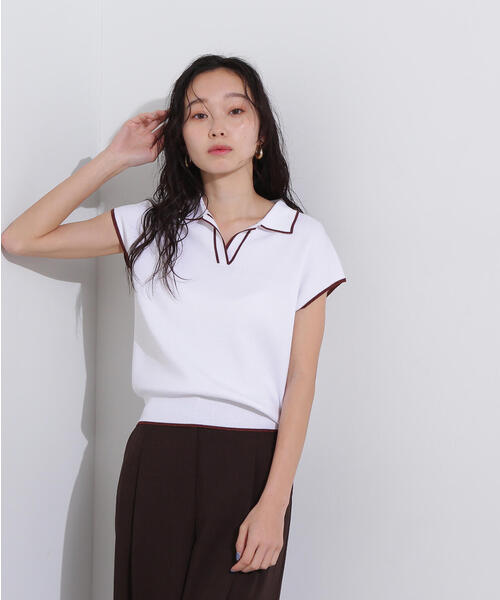 N.（N. Natural Beauty Basic）（エヌエヌナチュラルビューティーベーシック）の「ラメラインスキッパーポロニット（ポロシャツ・レディース・オフホワイト/グリーン/ネイビー・MEDIUM）」の2枚目の写真