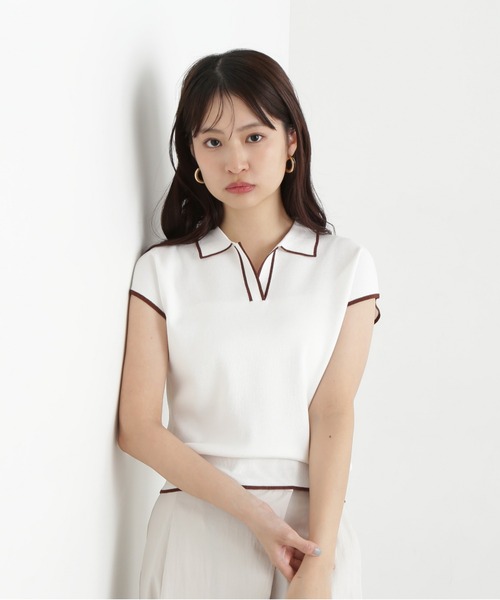 N.（N. Natural Beauty Basic）（エヌエヌナチュラルビューティーベーシック）の「ラメラインスキッパーポロニット（ポロシャツ・レディース・オフホワイト/グリーン/ネイビー・MEDIUM）」の4枚目の写真