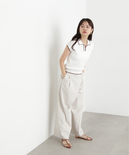 N.（N. Natural Beauty Basic）（エヌエヌナチュラルビューティーベーシック）の「ラメラインスキッパーポロニット（ポロシャツ・レディース・オフホワイト/グリーン/ネイビー・MEDIUM）」の5枚目の写真