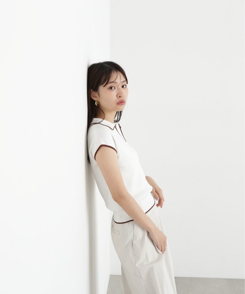 N.（N. Natural Beauty Basic）（エヌエヌナチュラルビューティーベーシック）の「ラメラインスキッパーポロニット（ポロシャツ・レディース・オフホワイト/グリーン/ネイビー・MEDIUM）」の6枚目の写真