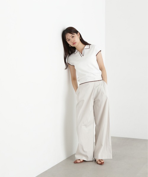 N.（N. Natural Beauty Basic）（エヌエヌナチュラルビューティーベーシック）の「ラメラインスキッパーポロニット（ポロシャツ・レディース・オフホワイト/グリーン/ネイビー・MEDIUM）」の7枚目の写真