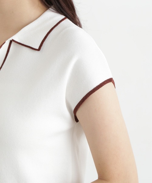 N.（N. Natural Beauty Basic）（エヌエヌナチュラルビューティーベーシック）の「ラメラインスキッパーポロニット（ポロシャツ・レディース・オフホワイト/グリーン/ネイビー・MEDIUM）」の13枚目の写真