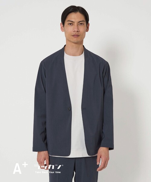 green label relaxing（グリーンレーベルリラクシング）の「A+ ラッカンリネンライク 1B ノーカラー ジャケット -ウォッシャブル・ストレッチ・吸水速乾-（ノーカラージャケット・メンズ・ネイビー/グレー系・M/XL/L/S）」の2枚目の写真