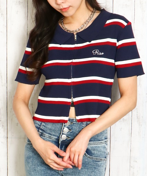 GORGE(ゴージ)の「《WZIP×ボーダー》レディース 半袖カーディガン 春夏秋/着回し万能(カーディガン/ボレロ・レディース・ネイビー/オフホワイト/グリーン/ボルドー・F)」の3枚目の写真