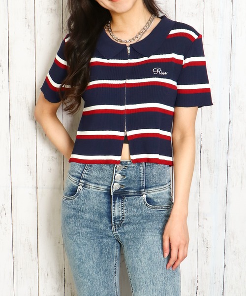 GORGE(ゴージ)の「《WZIP×ボーダー》レディース 半袖カーディガン 春夏秋/着回し万能(カーディガン/ボレロ・レディース・ネイビー/オフホワイト/グリーン/ボルドー・F)」の9枚目の写真